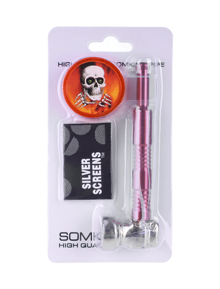 Набор Для Курения JL-0148-1 IRON PIPE PINK & GRINDER ORANGE SKULL & SILVER SCREENS